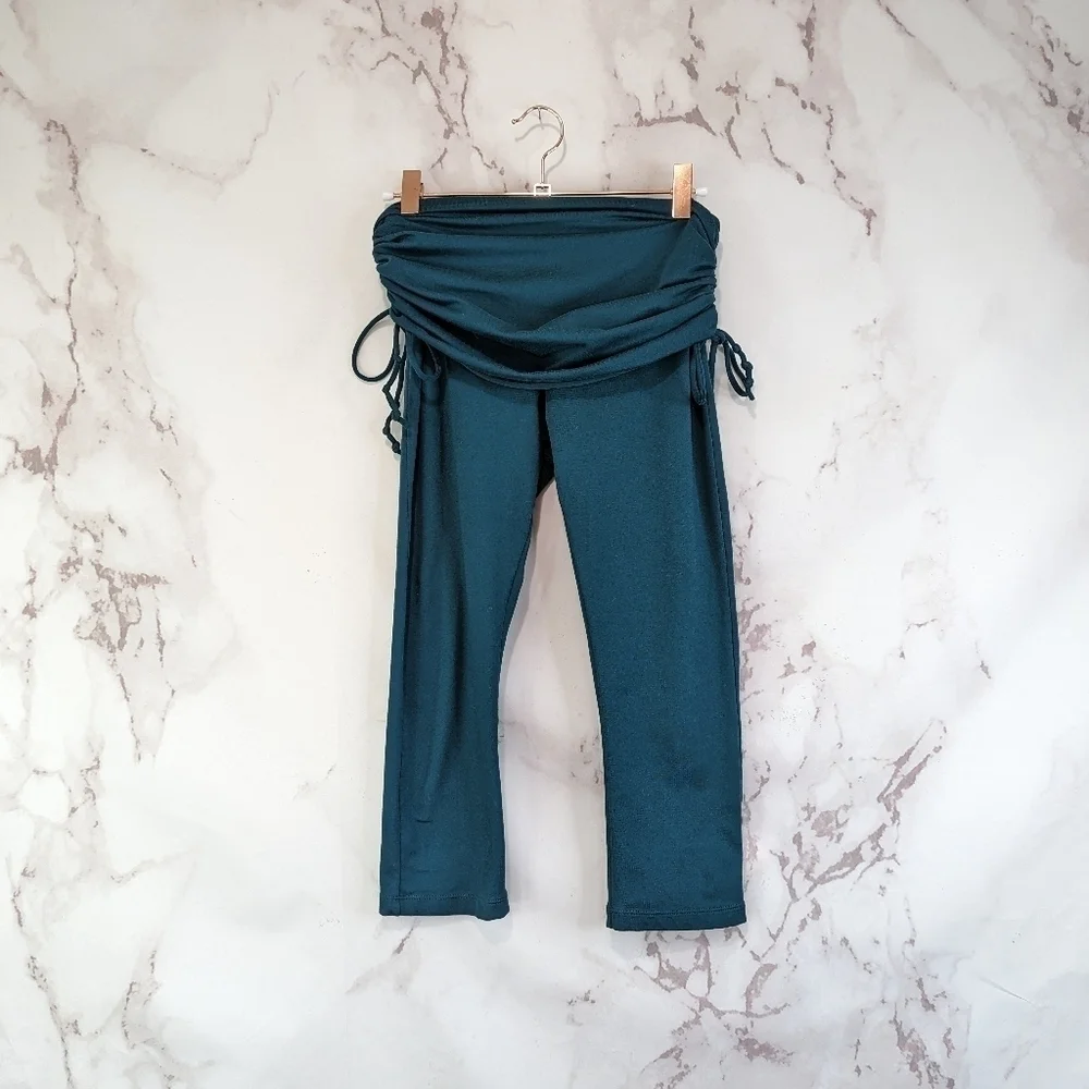 Prana Leggings Womens Small Green Foldover Waistband Ruched Crop Capri Ties - Picture 1 of 9